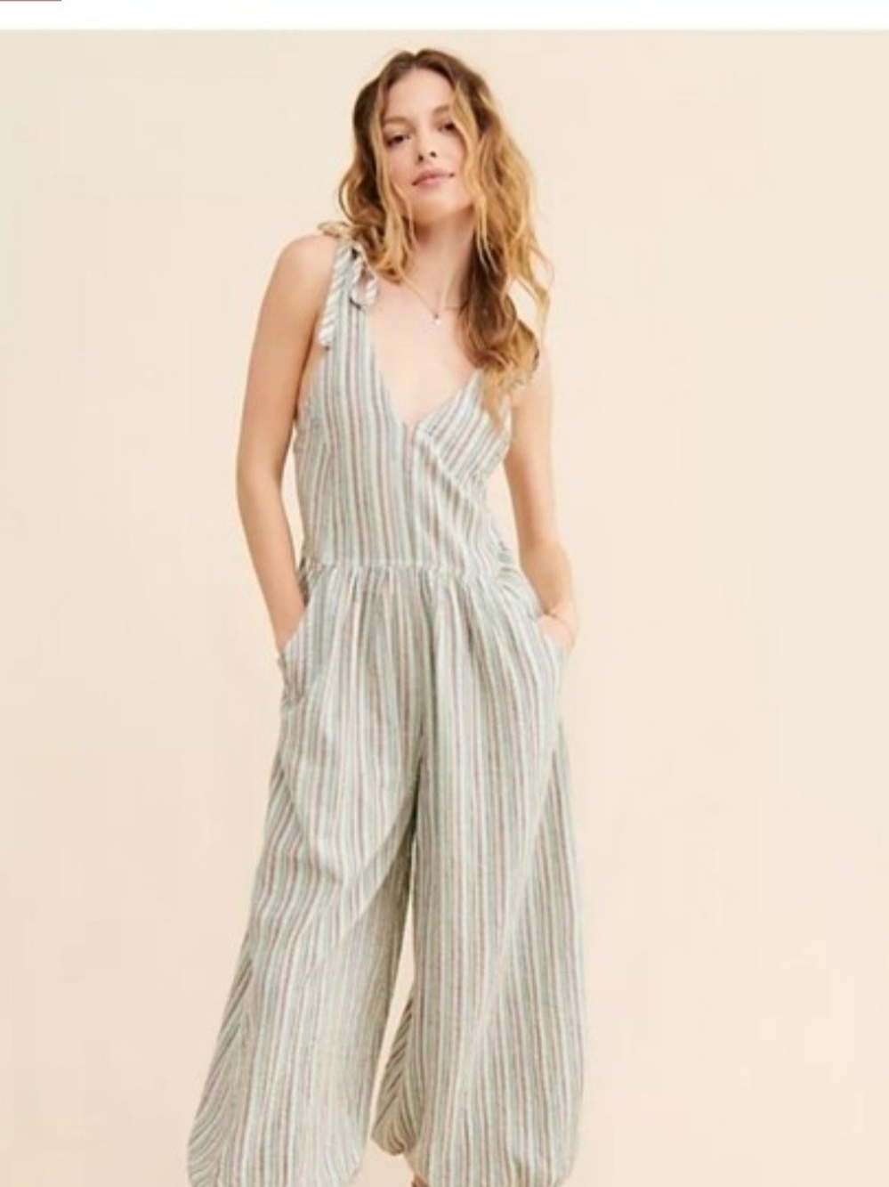 Free People Cream and Green Striped Tie-Shoulder Jumpsuit Sz M